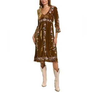 Johnny Was Shalea Gold Boho Heavily Embroidered Floral Silk Velvet Dress XXL 2XL